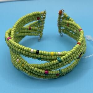 Green Multicolor Multi Beads Beaded Wire Coil Braided Cuff Bracelet 6" Boho